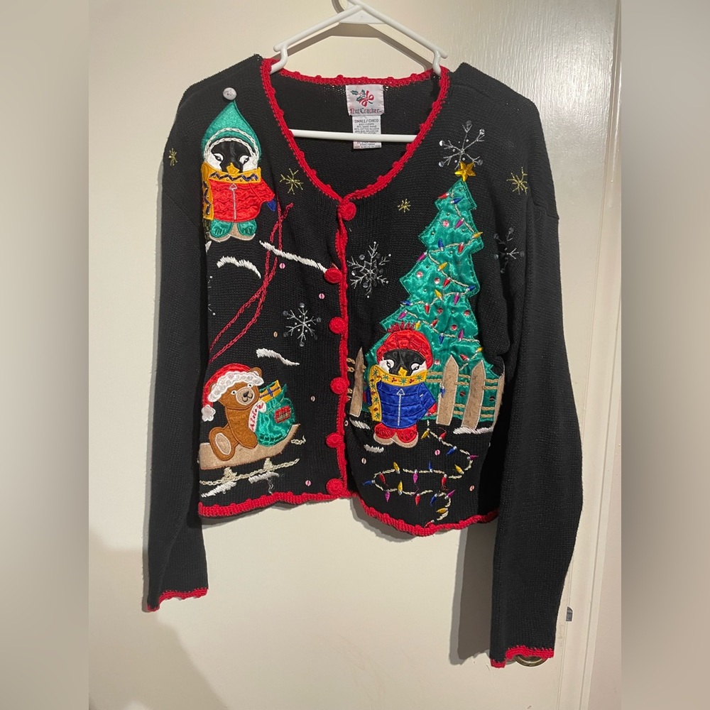 Christmas Penguin Bear Embroidered Black Red Multicolored Knit Button Cardigan